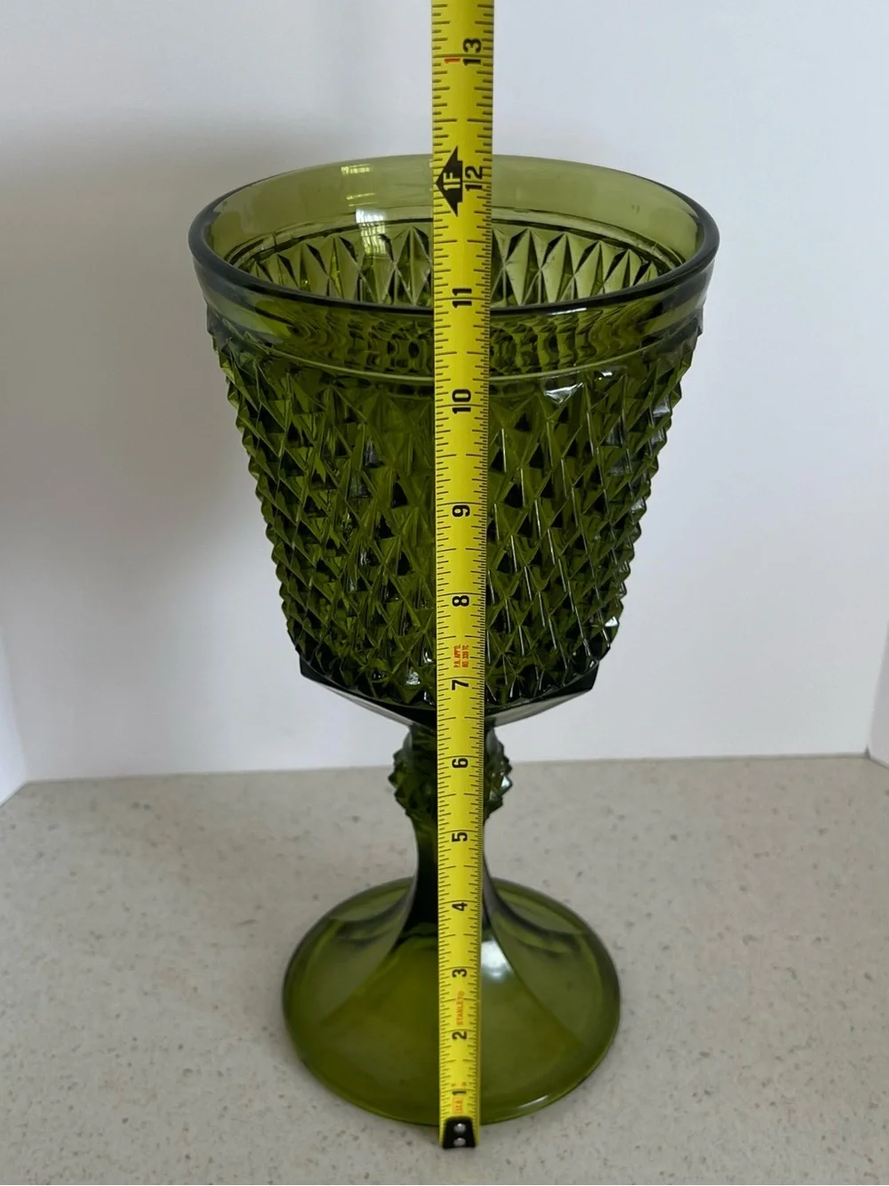Indiana Glass Diamond Point Green Compote Pedestal Vase /Planter 11” Mid Century